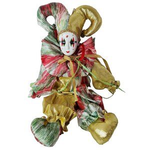 VTG Venetian Porcelain Harlequin Clown Doll Figurine Bendable Body Shelf Sitter